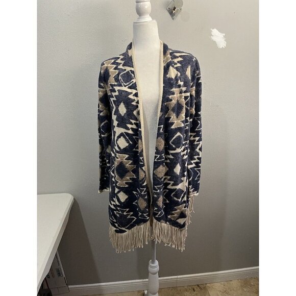 Lucky Brand Womens Western Open Front Cardigan Sweater Medium Brown Blue Fringe - Picture 4 of 10
